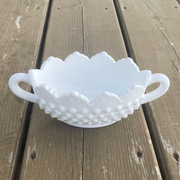 Fenton Vintage Hobnail Milk Glass Oval Double Handle Nut Bowl Candy Trinket Dish - Picture 8 of 14